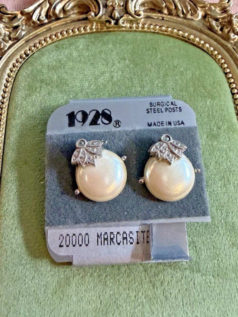 Vintage 1928 Faux Pearl Marcasite Stud Earrings Surgical Steel Posts USA NOS - Picture 3 of 5